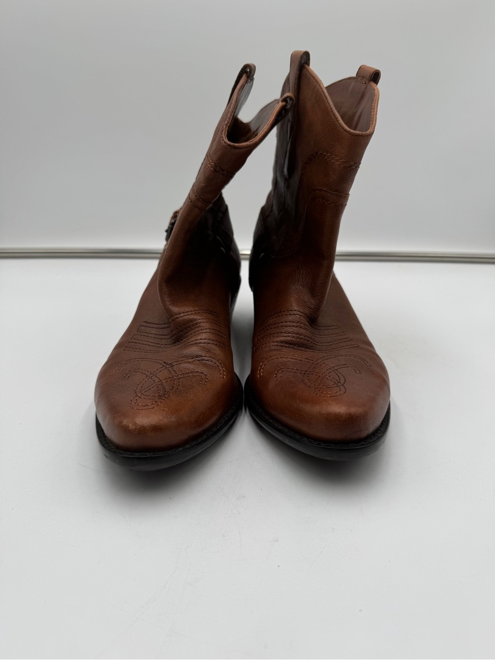 Franco Sarto Waco Brown Leather Western Ankle Cowboy Boots Womens 8M Buckle
